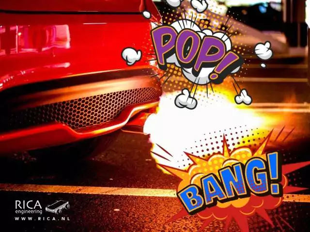 car exhaust with fire and cartoon pop bang text