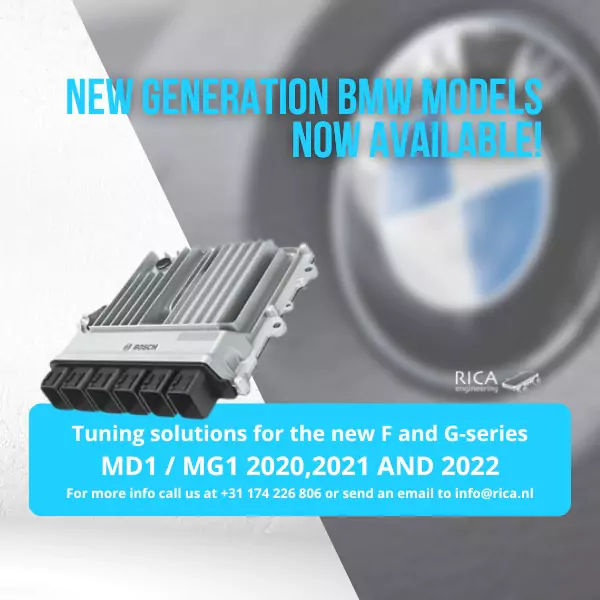 bmw ecu on a faded bmw logo background with blue and white text details