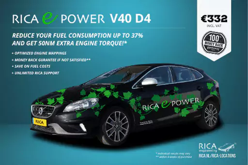 black car with green leafs print on a blue background, promo for rica fuel saving e-power