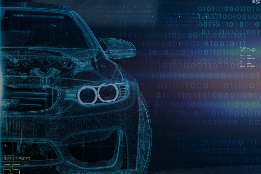 X-ray view of a car with binary code for chiptuning software developement