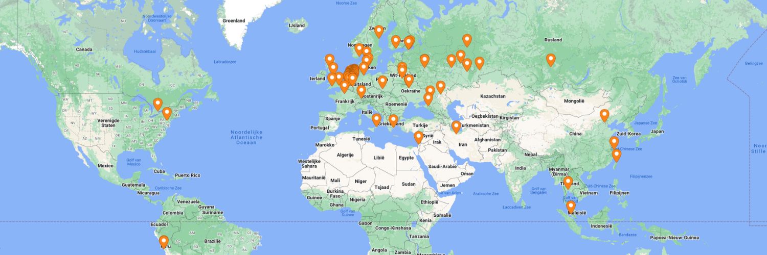google maps screenshot of rica dealer locations worldwide with orange location pins