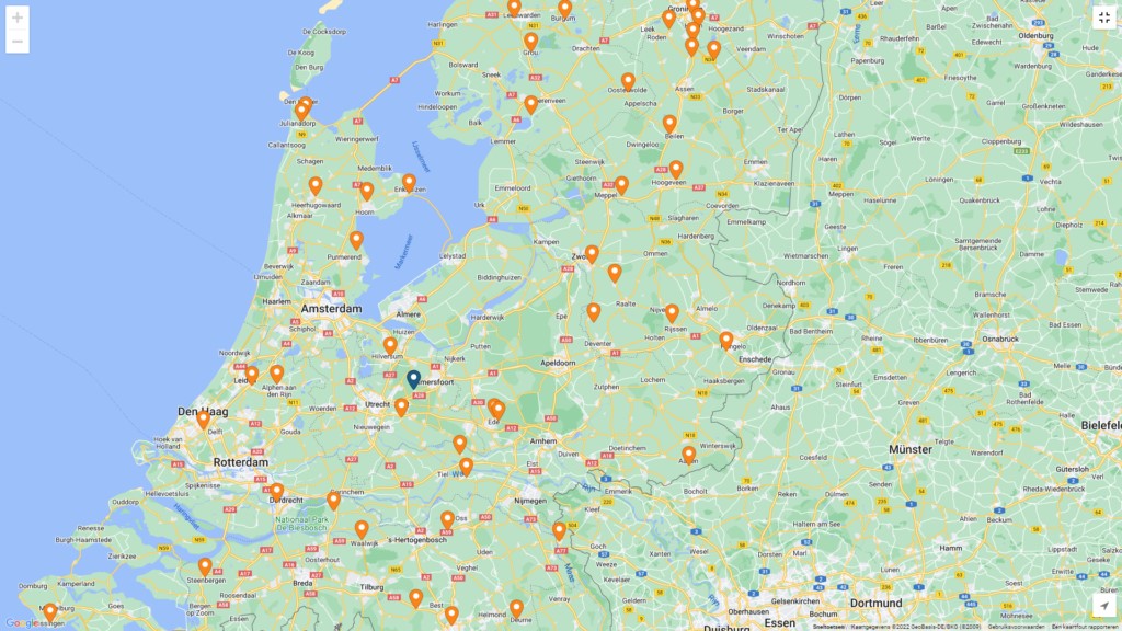 google maps close up of middle holland of rica dealer locations pinned with orange pins