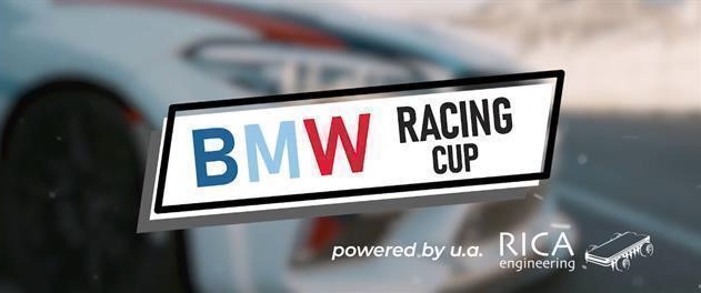 BMW racing cup logo overlay on faded image of race car powered by rica