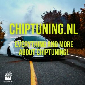 promo post yellow text overlay chiptuning.nl on a photo of a white drifting car on the road