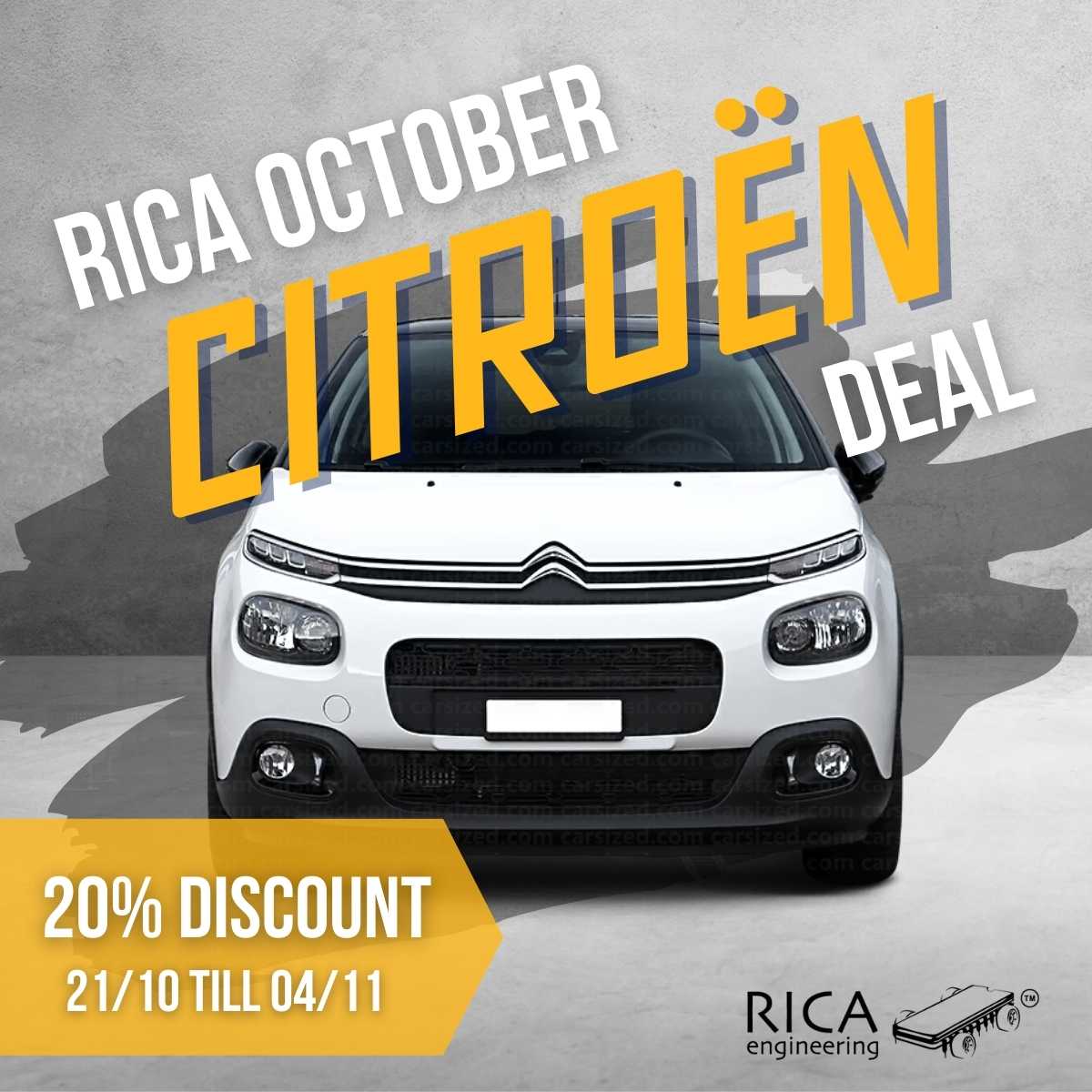 promo deal yellow and white text overlay on photo of white citroën car