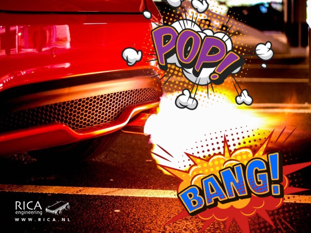 close up of pops & bangs car exhaust with a cartoon bang image