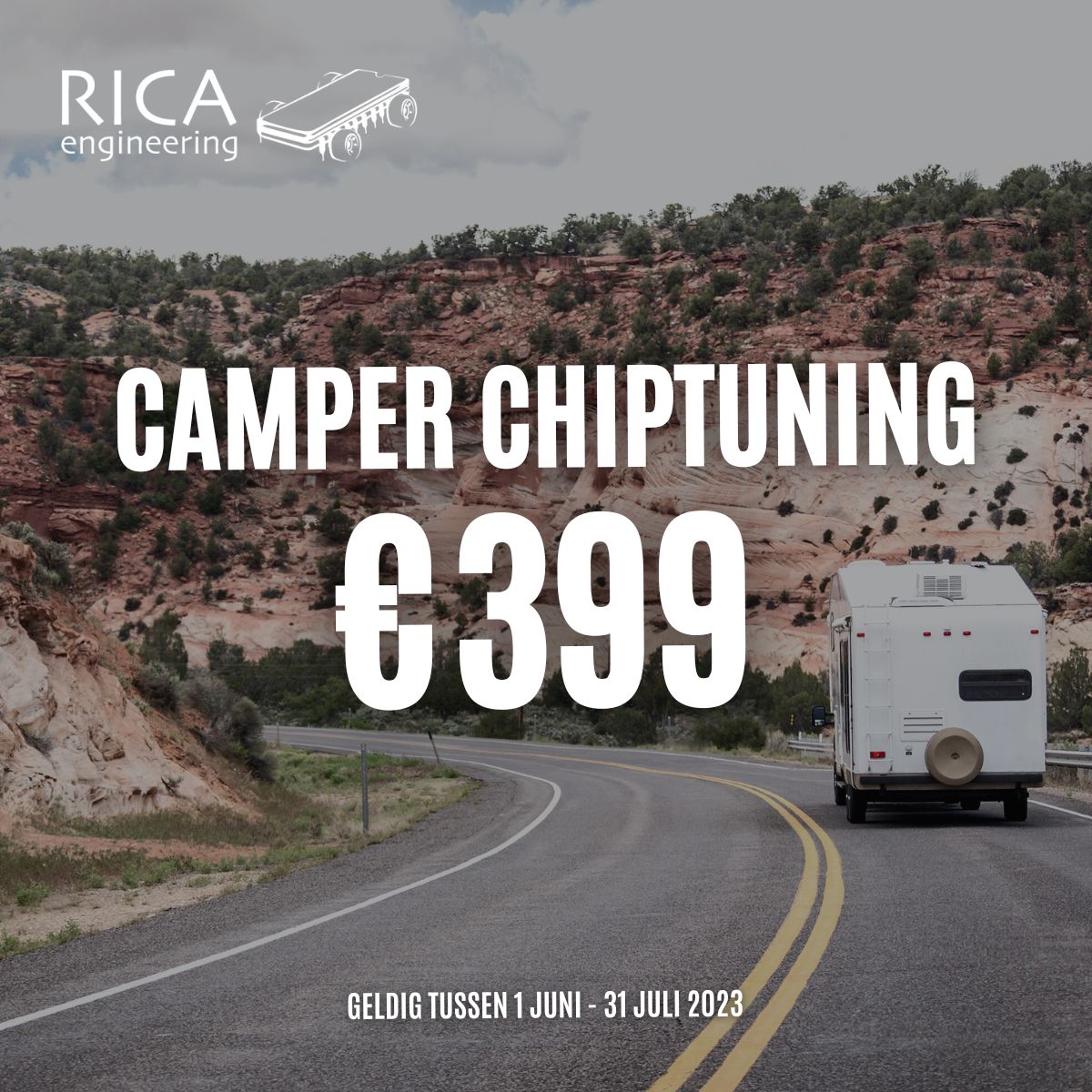 camper driving on a road. img has text overlay chiptuning deal