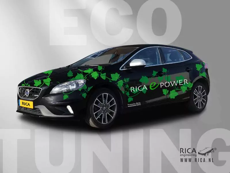 black car with green leafs print on a grey background, promo for rica fuel saving e-power