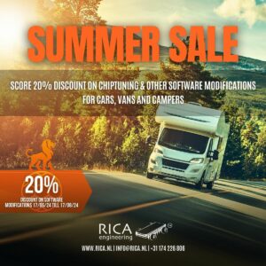 camper driving on sunny road with sale text overlay