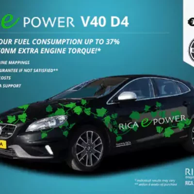 black car with green leafs print on a blue background, promo for rica fuel saving e-power