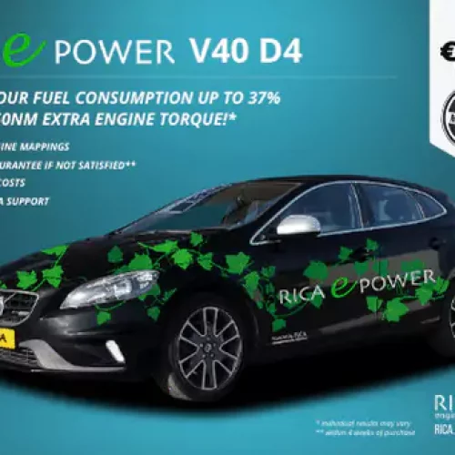 black car with green leafs print on a blue background, promo for rica fuel saving e-power