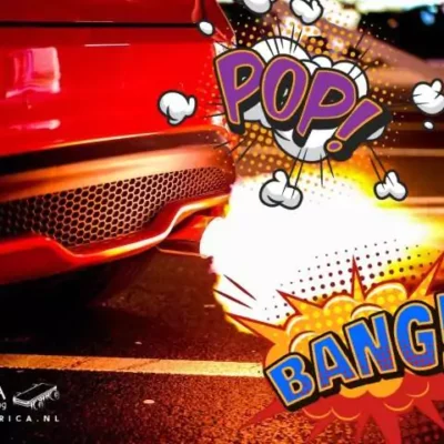 car exhaust with fire and cartoon pop bang text
