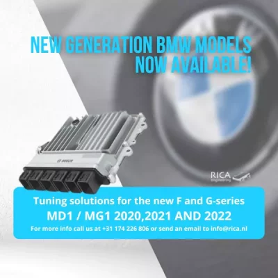 bmw ecu on a faded bmw logo background with blue and white text details