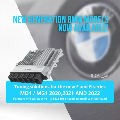 bmw ecu on a faded bmw logo background with blue and white text details