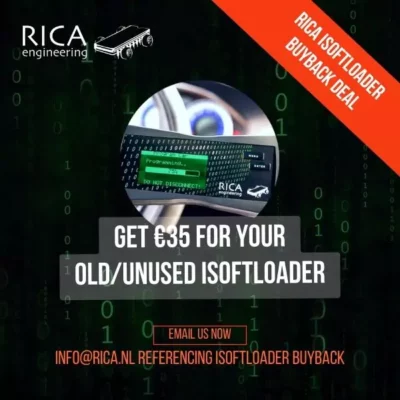rica isoftloader on a green/black binary background with orange and white text