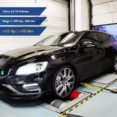 black volvo polestar on rollerbench at rica engineering hq